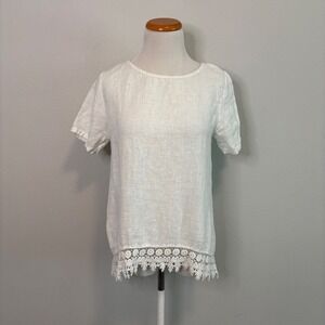 Tero‎ Millennio 100% Linen Crochet Short Sleeve White Lightweight Top Small
